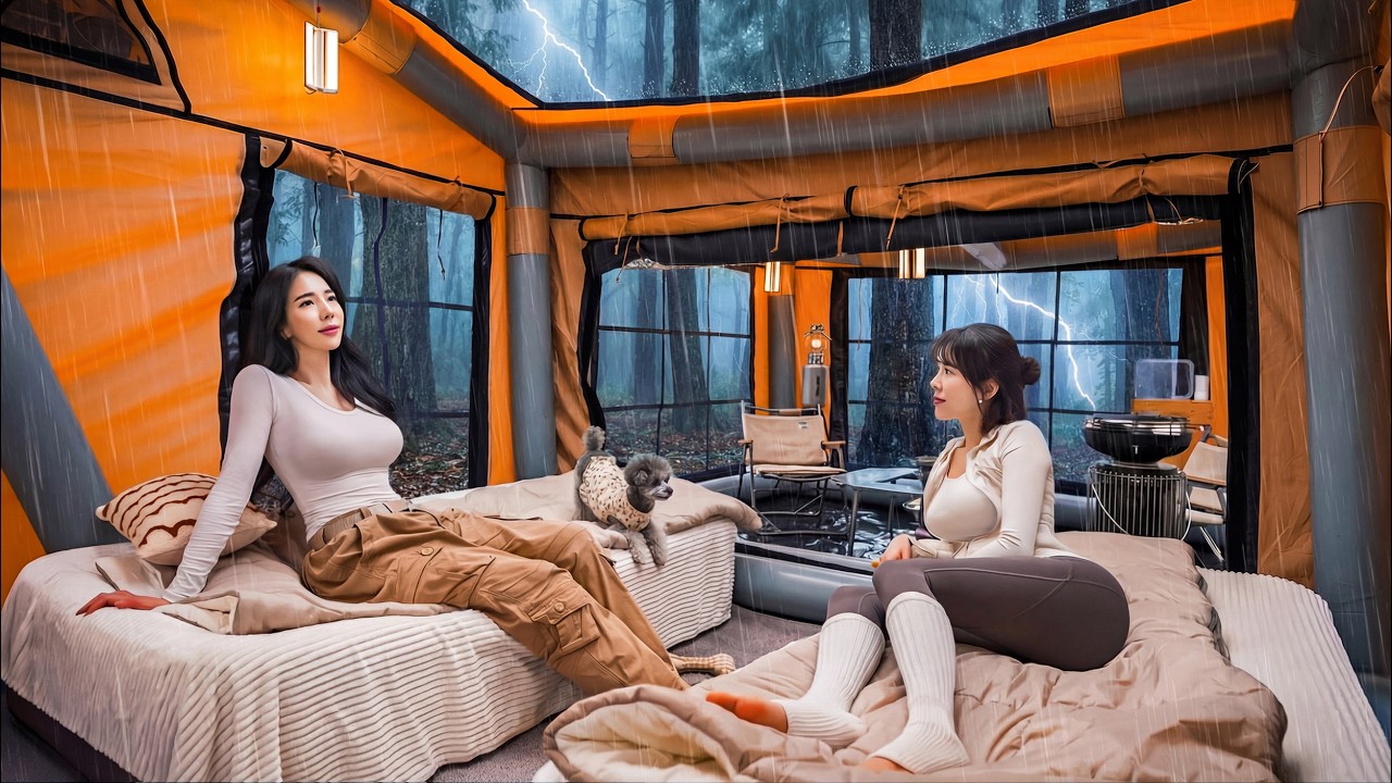 ⁣☔️HEAVY RAIN CAMPING WITH MY SISTER IN A MASSIVE AIR TENT