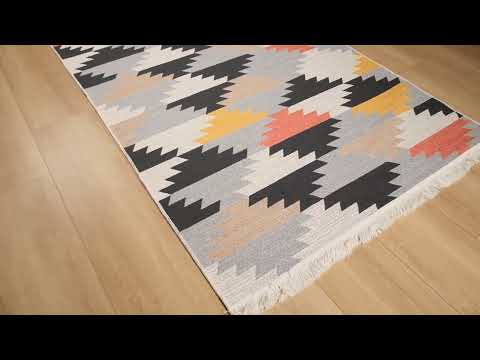 Kehribar Serisi Makine Dokuma Geometrik Desenli Rengarenk Pamuk Kilim inceleme videosu kapak görseli