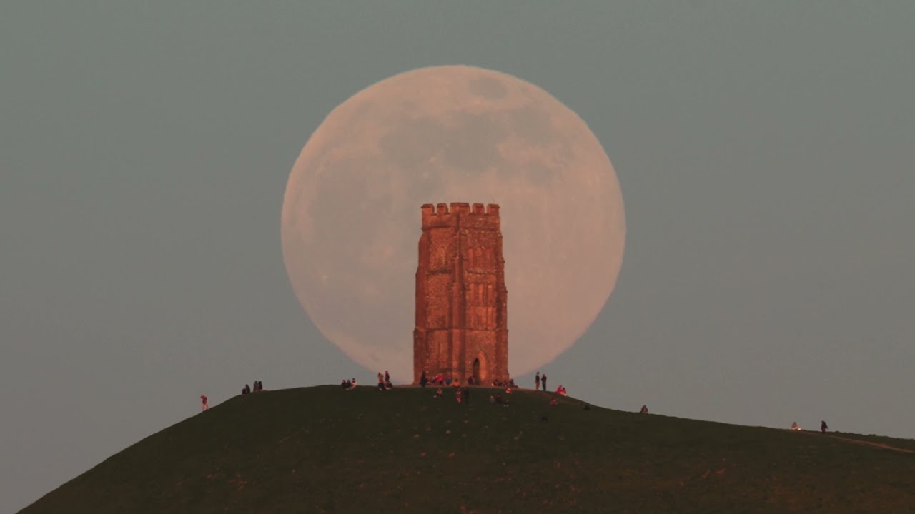 The Pink Supermoon Rises at Glastonbury Tor - April 2021