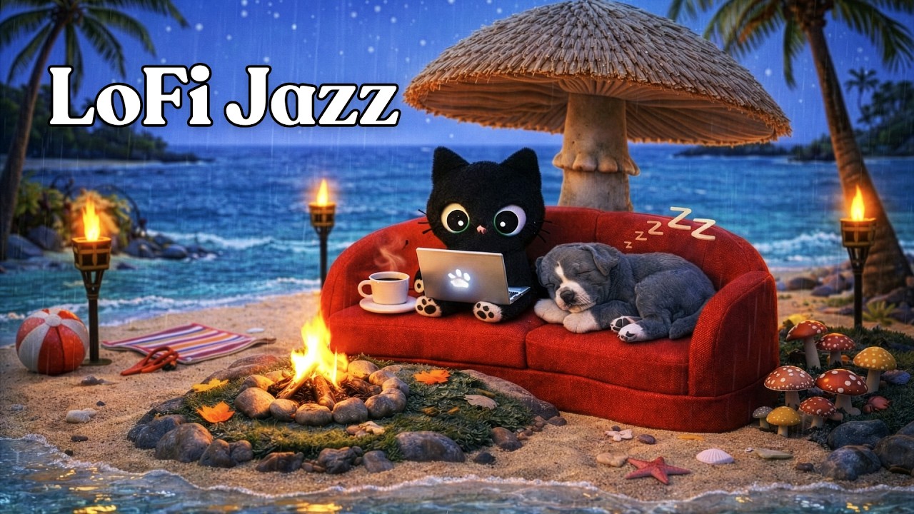 Rainy Tropical Night 🌴🌧️ Jazzy Lofi for Deep Study, Coding & Focus