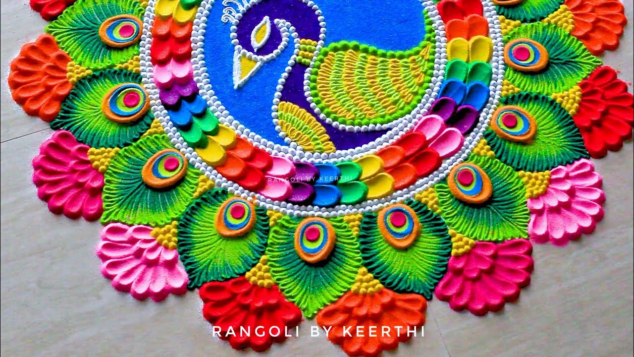 Peacock rangoli designs for diwali easy & simple l big rangoli for ...