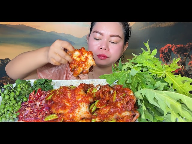 daun pepaya sambal gurita pete pedas sambal matah leunca genjer Mukbang