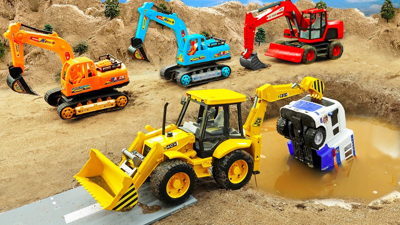 Police car JCB Excavator Construction Vehicles catch thief   Toy for kids