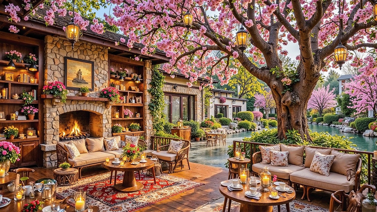 Morning Spring Jazz 🌸 Gentle Jazz Music at Cozy Outdoor Coffee Shop Ambience for Mood Booster, Study