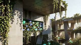 4K Eco Brutalist Architecture Structure Overgrown with Nature | Solarpunk