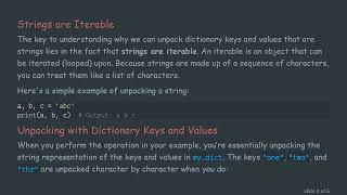 Understanding Tuple Unpacking in Python Dictionaries: Keys and Values as Strings