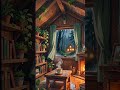 Cozy room with fireplace and rain outside