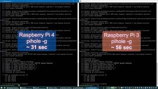 PiHole - speed comparison between Raspberry Pi 3 and Pi 4 ('pihole -up' and 'pihole -g')