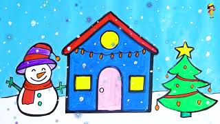 Cara Menggambar dan Mewarnai Rumah Natal dengan pohon dan manusia salju untuk anak-an Christmas 2020