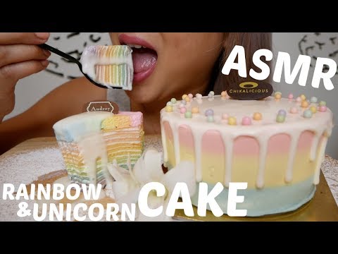 RAINBOW & UNICORN CREPE CAKE | ASMR *No Talking Eating Sounds | N.E Let's Eat