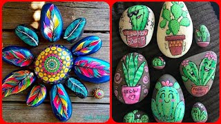 Cactus and feather rock and stone painting ideas