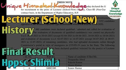 Lecturer (School-New) History Final Result Hppsc Shimla 🙏
