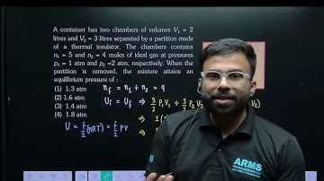 A container has two chambers of volumes V1=2 litres and V2=3 litres separated by a partition made of
