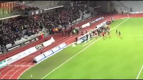 vAGF fans løbe ind på banen efter de scorer til 3-2 mod AAB