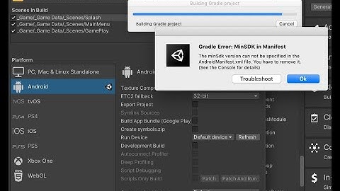gradle build failed due to min sdk version specified in android manifiest file in unity 3d