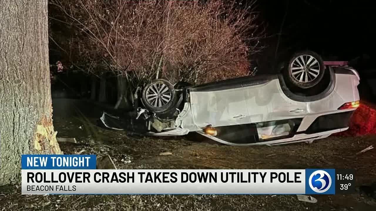 Rollover crash snaps utility pole in Beacon Falls - YouTube