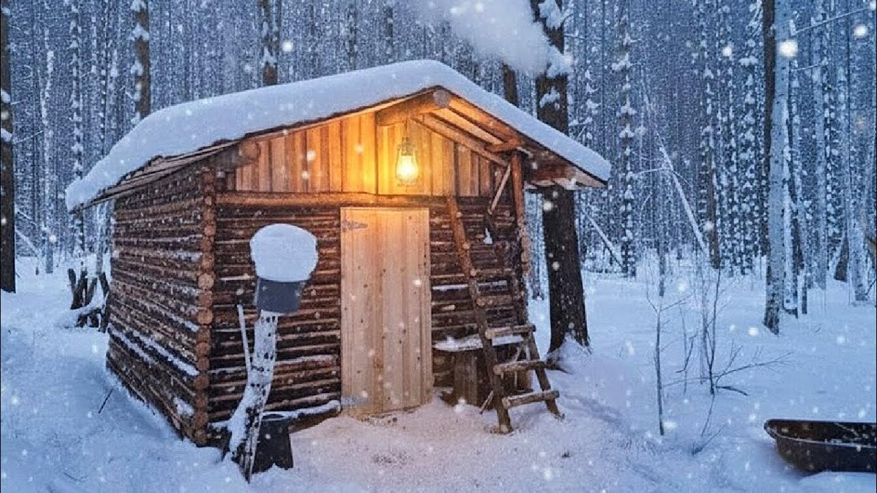 Building a Cozy Survival Cabin in Heavy Snowstorm