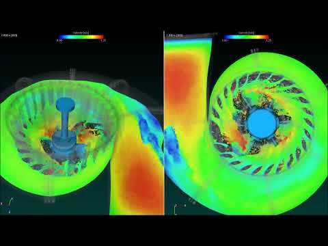 Simulation of water filling and driving a Kaplan Turbine created in Particleworks with SurfGen