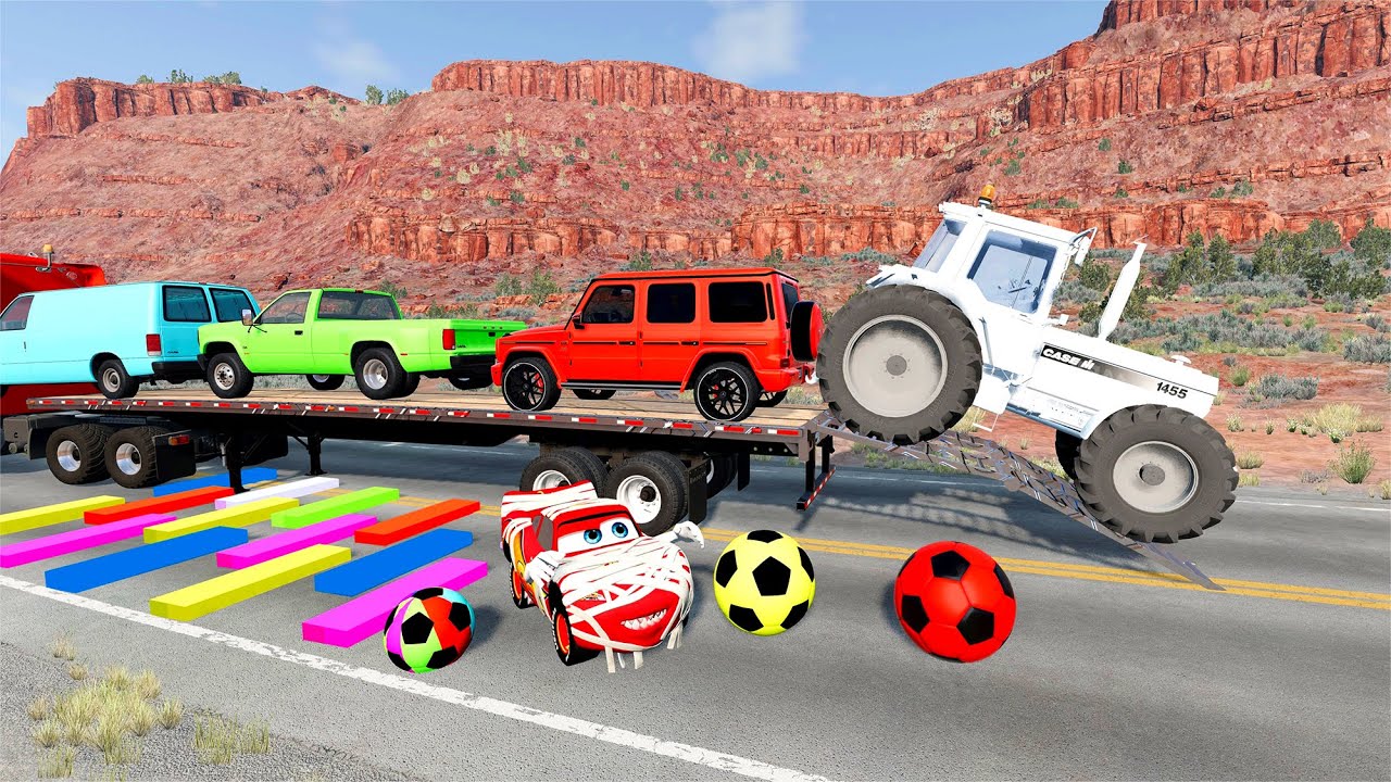 Flatbed Truck Mcqueen | Transportation with Truck - Pothole vs Car #18 - BeamNG.Drive