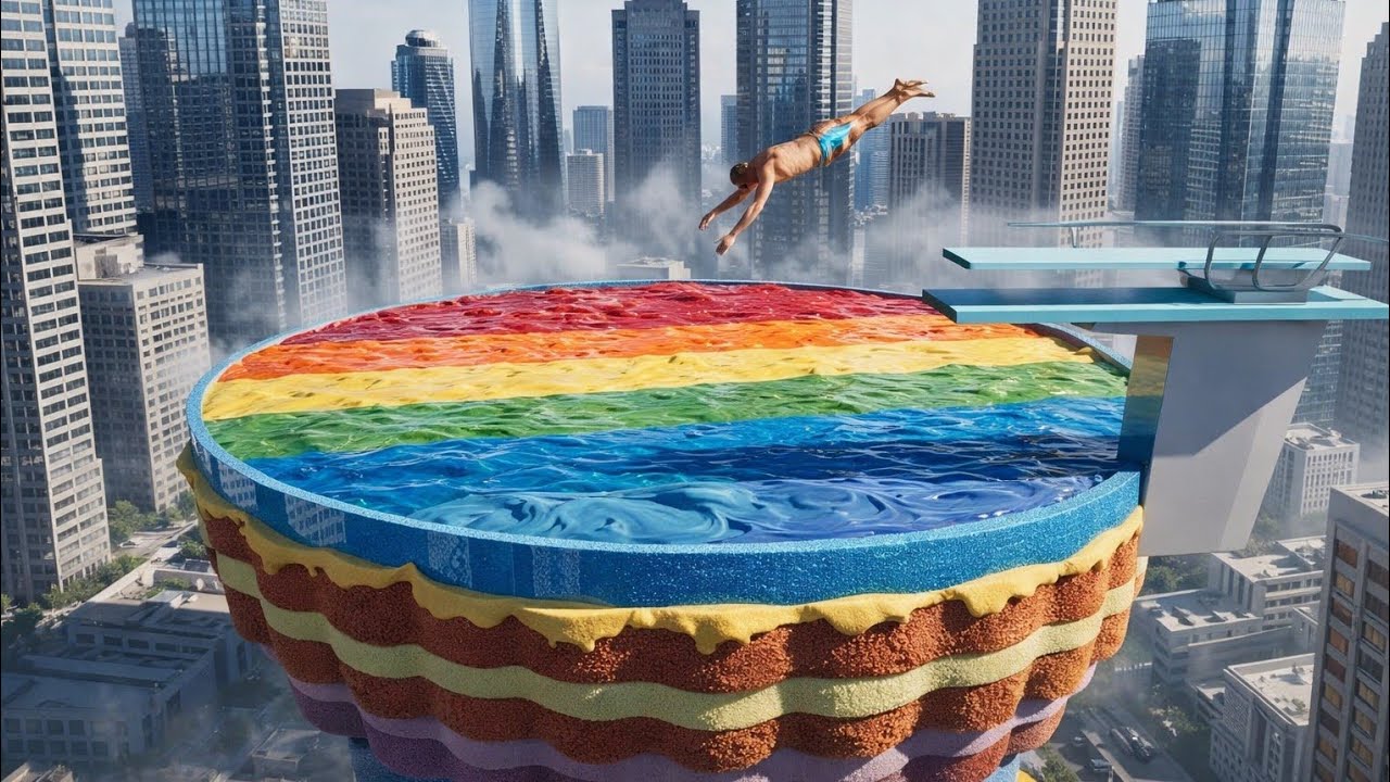 Rainbow Cake Pool Jump 🍰 Jelly Cubes Burst in Slow Motion | Deep Nest ASMR