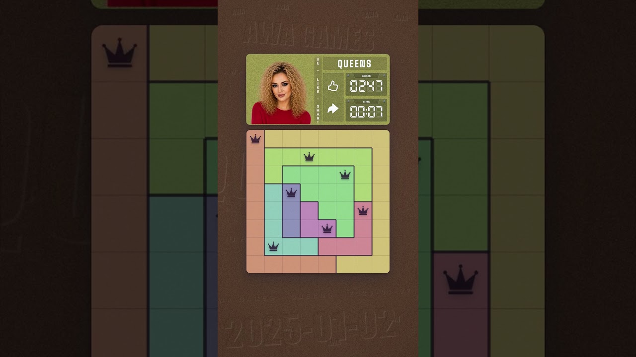 LinkedIn Queens #247 solved board for January 2, 2025, 8x8 grid