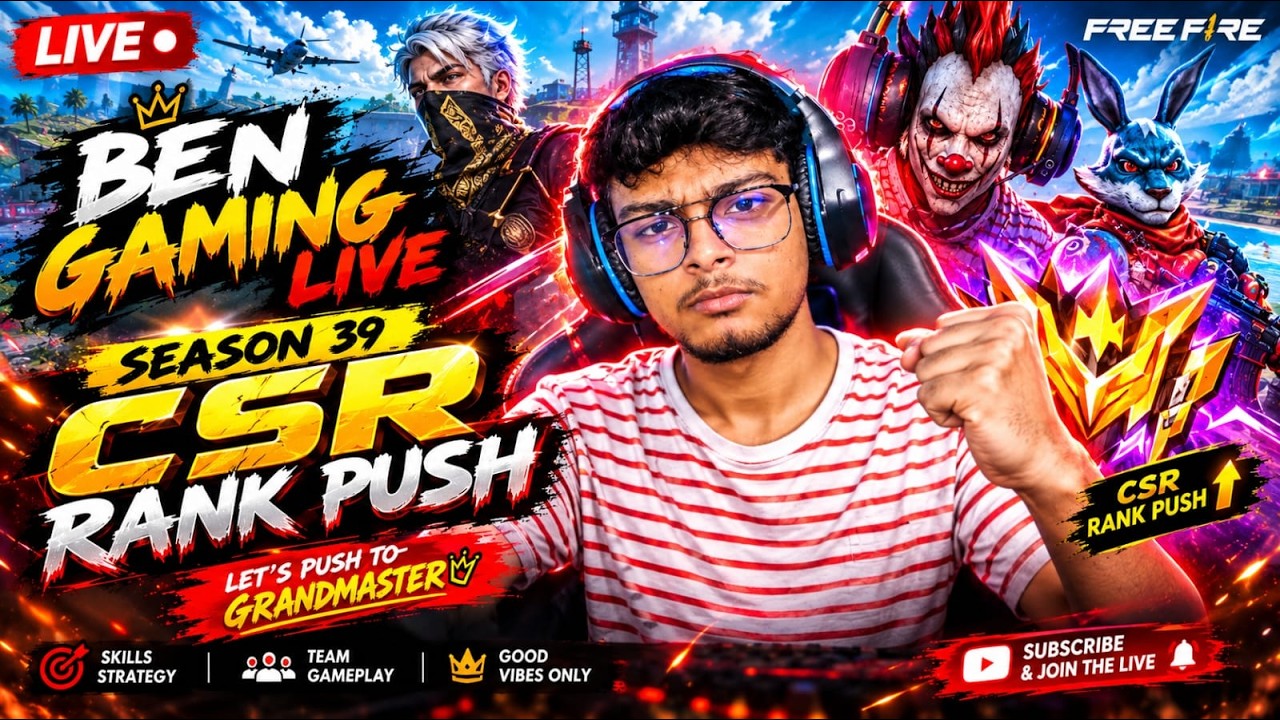🔴 LIVE | FREE FIRE CSR RANK PUSH 🔥 | SEASON 39 | ROAD TO GRANDMASTER 🏆 ...