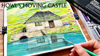 Howl's Moving Castle Landscape Painting | Holbein Gouache Unboxing🍀