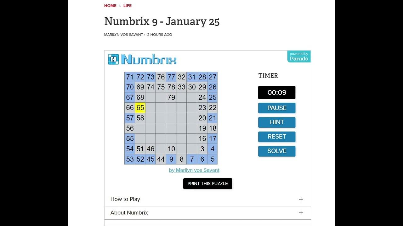Solve Daily Numbrix 9 Puzzle 1/25/2024 (ASMR) YouTube