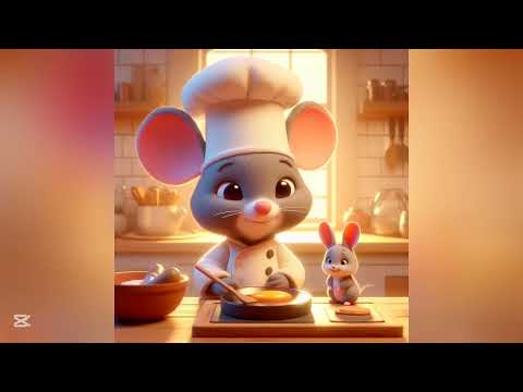 3D cartoon movie image of a tiny chef mouse preparing a feast in a cozy kitchen, #cat.#cartoon
