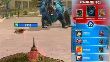 Ceramagnus raid boss defeated by  POUKANDA, Tryo, Gemini, Maxima EP12 (Jurassic World Alive V2.6)