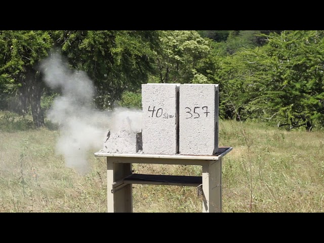 9mm (124gr) vs 40 su0026w (180gr) vs .357 Magnum (158gr) 🔥 vs Concrete Block class=