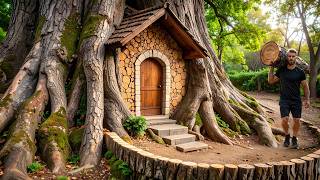 Building a Hidden Wooden Shelter Inside a Giant Tree Trunk | Survival Bushcraft