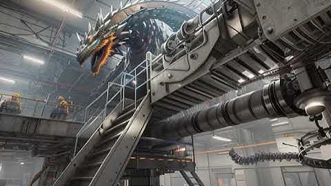 a long tunnel with wires and cables  and gears manifesting cyborg dragons A.I.