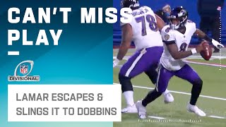 Lamar Somehow Escapes the Rush & Finds Dobbins for 31 Yds
