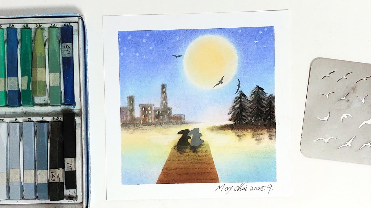 一起畫中秋節粉彩畫 兔子賞月 和諧的粉彩畫 粉彩輕鬆簡單畫