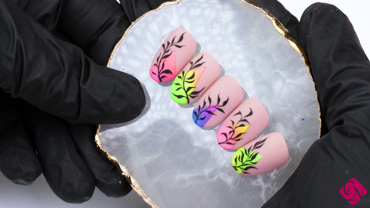 Ombre nail decoration with Neon Pigment powders and leaf pattern YouTube