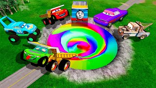 Giant Rainbow Pit Vs BalaZ Lightning McQueen And Huge \& Tiny PIXAR CARS! BeamNG Drive!