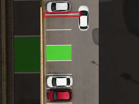 Overhead view of a car park showing marked bays, with a car lined up to reverse into one and its path highlighted.