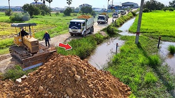 Processing Landfill Task! By Dump Truck 5Ton & Dozer KOMAT’SU Push Soil into Rice Fields, Mix VDO