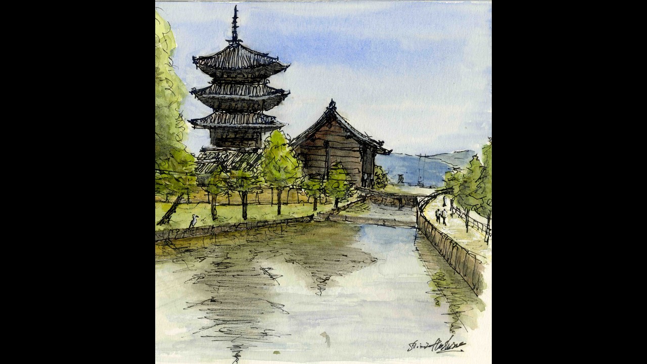 京都東寺五重塔と南大門 18.2cm正方形画用紙 水彩イラスト（黒