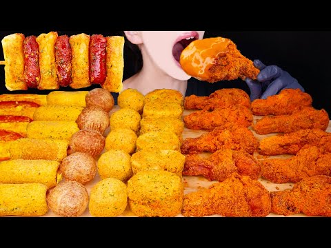 ASMR CHICKEN SAUSAGE MENBOSHA CHEESE BALLS FIRE SAUCE MUKBANG 뿌링클 치킨 치즈볼 먹방 メンボシャ 咀嚼音 EATING SOUNDS