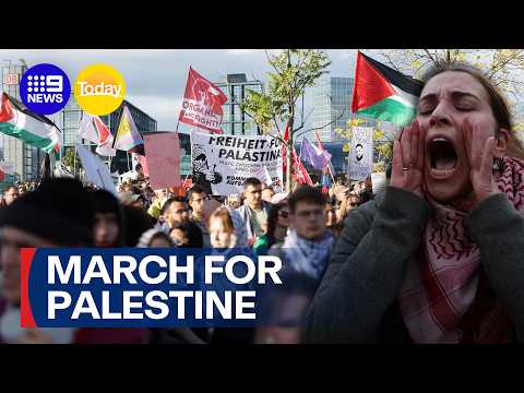 Protestors gather across the world on the anniversary of the Israel-Gaza ceasefire| 9 News Australia