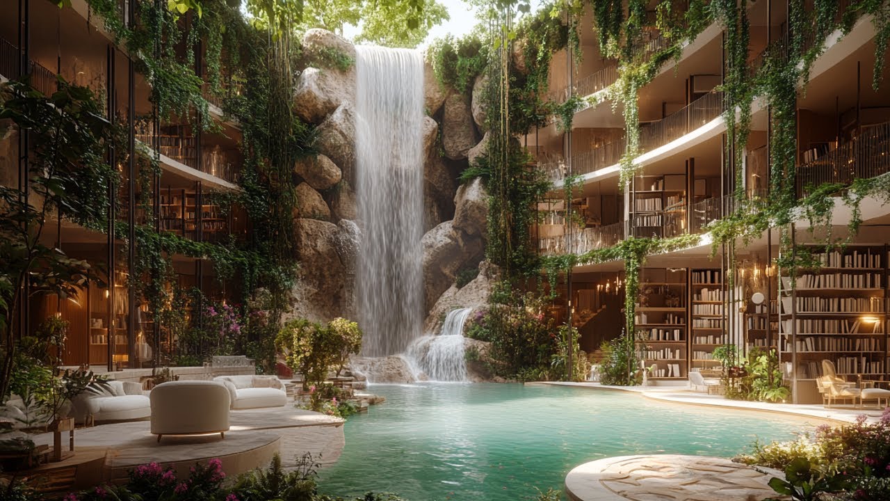 Forest Waterfall Library Courtyard | Birds & Water Sounds for Deep ...