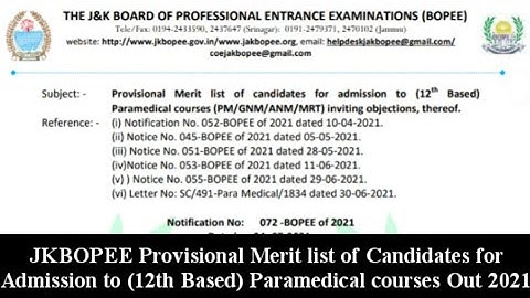 JKBOPEE Provisional Merit list of Candidates for Admission to (12th Based) Paramedical courses Out