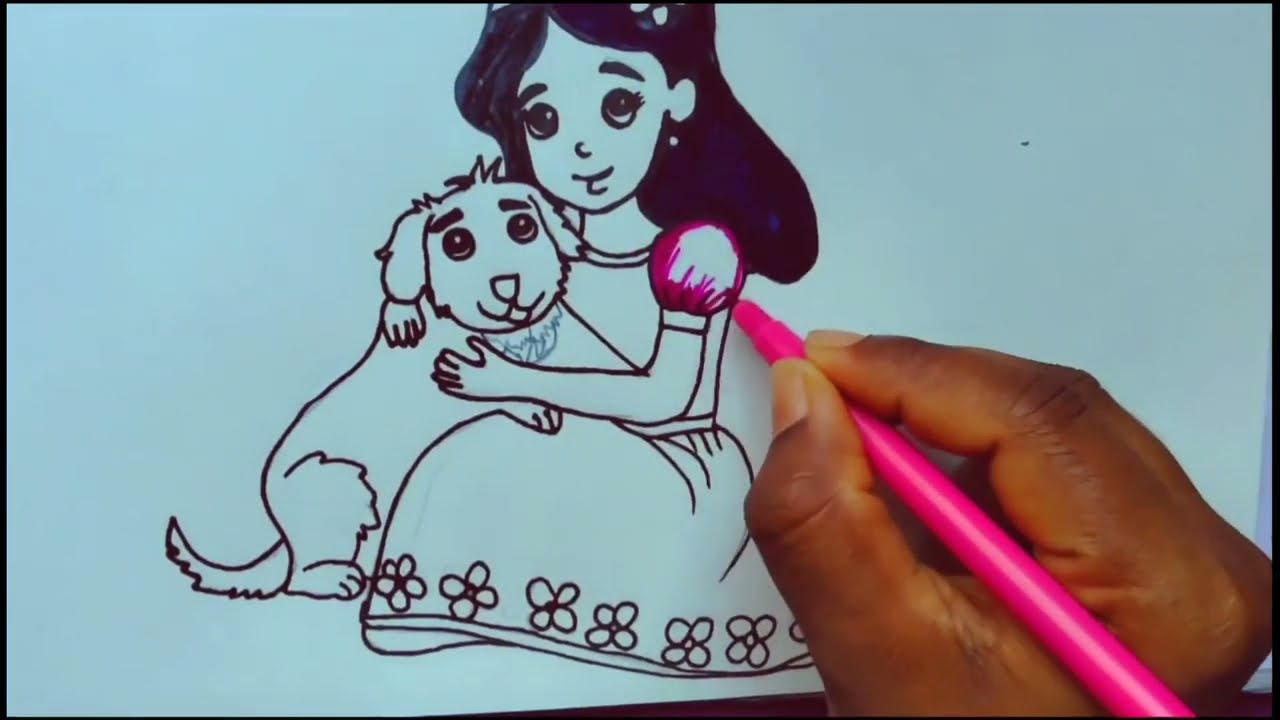 Girl Hugging Dog drawing | Easy Cute Drawing Step by Step | Aayang Drawing 
