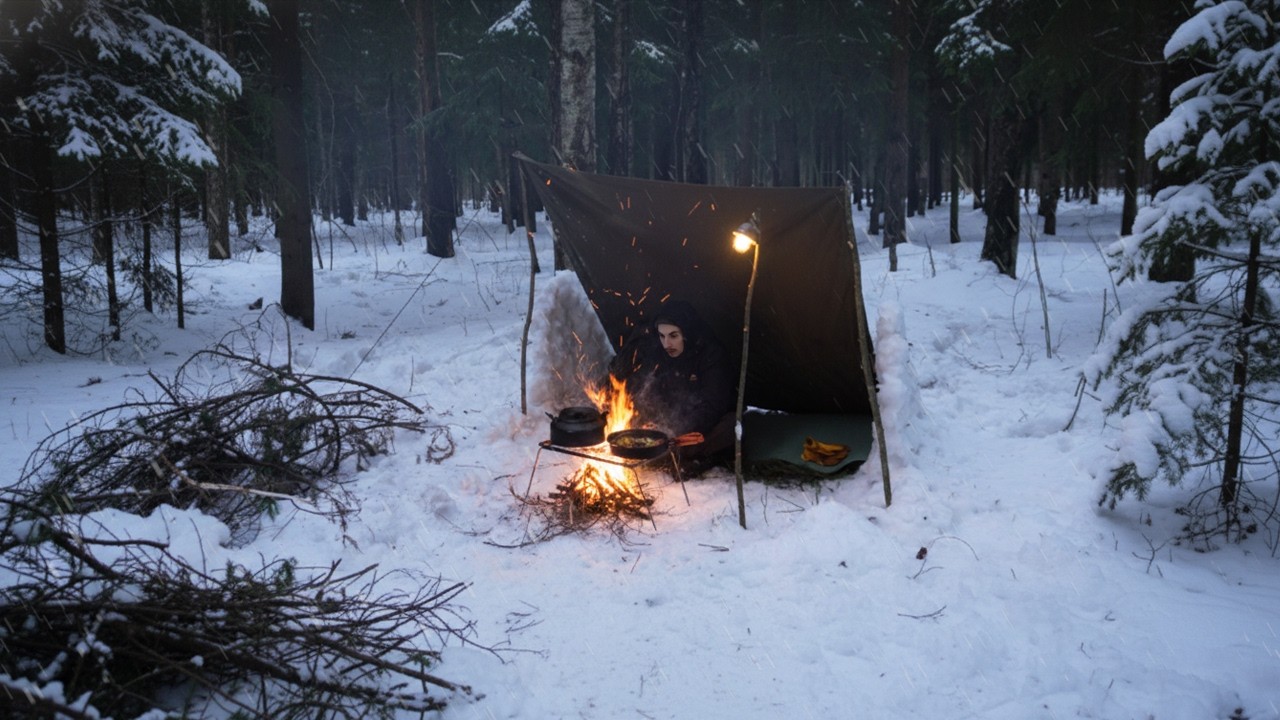 Extreme Winter Solo Survival Camping in Snow | Old Army Tarp Shelter in ...