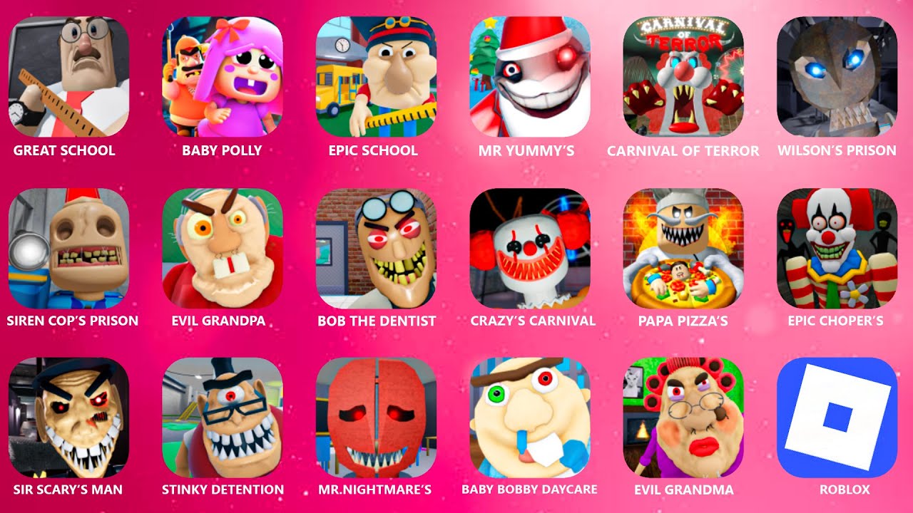 ROBLOX,GREAT SCHOOL BREAKOUT,EPIC SCHOOL ESCAPE,MR YUMMY'S SUPERMAKET,CARNIVAL OF TERROR...