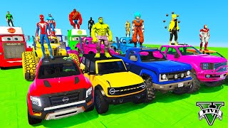 Spiderman Mack Truck And Friends Long Jump Challenge ! Superhero Hulk Mcqueen Disney Castle  - Gta V