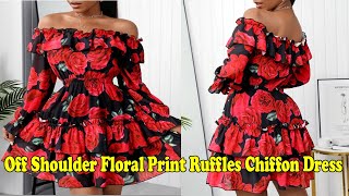 Off Shoulder Floral Print Ruffles Chiffon Dress