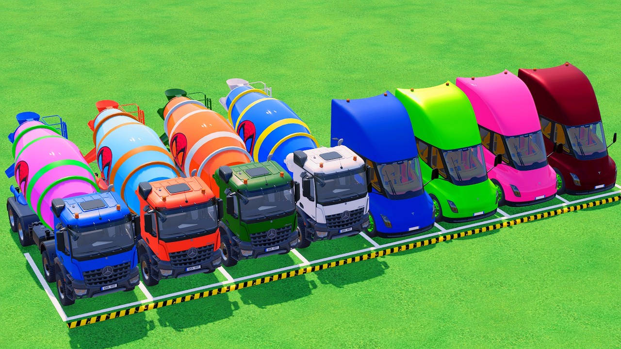 Грузовики с яркими цветами - автобетоносмеситель и грузовик с бортовым прицепом №7